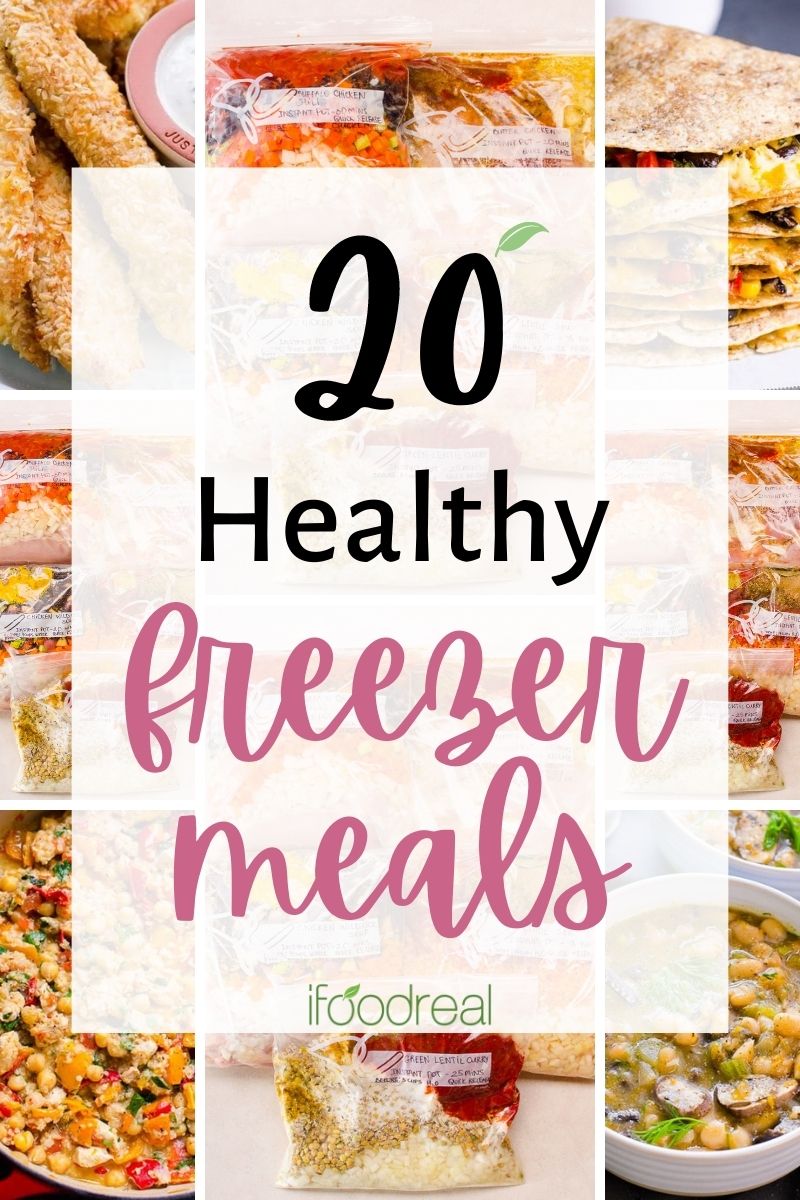 Collage with 20 healthy freezer meals.