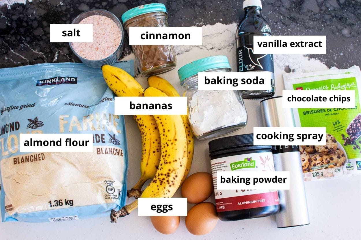 Almond flour, bananas, eggs, baking powder, baking soda, cinnamon, salt, cooking spray, chocolate chips, vanilla extract.