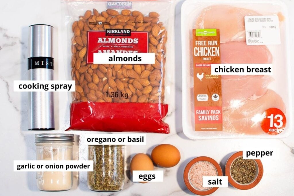 Almonds, eggs, seasonings and chicken breast.