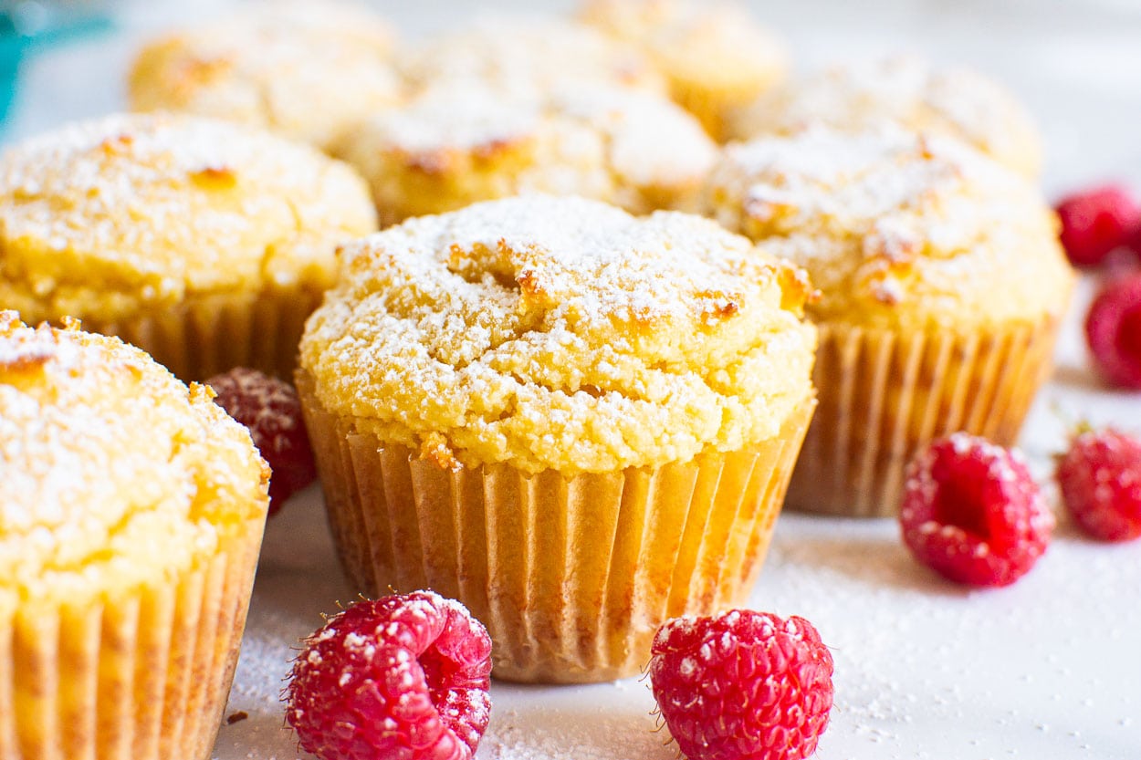 Almond flour yogurt muffins dusted with icing sugar.