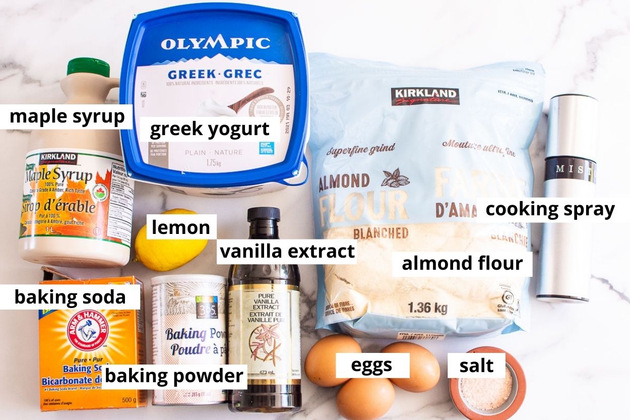 Almond flour, Greek yogurt, maple syrup, eggs, baking staples and vanilla extract ingredients.