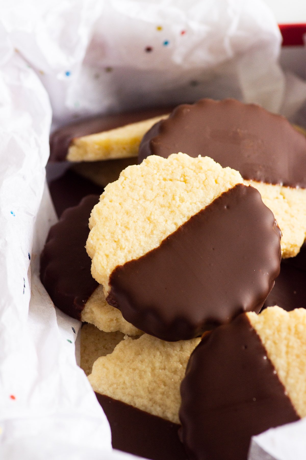 Almond flour shortbread cookies dipped in chocolate.
