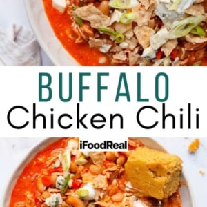 Buffalo chicken chili in a bowl.