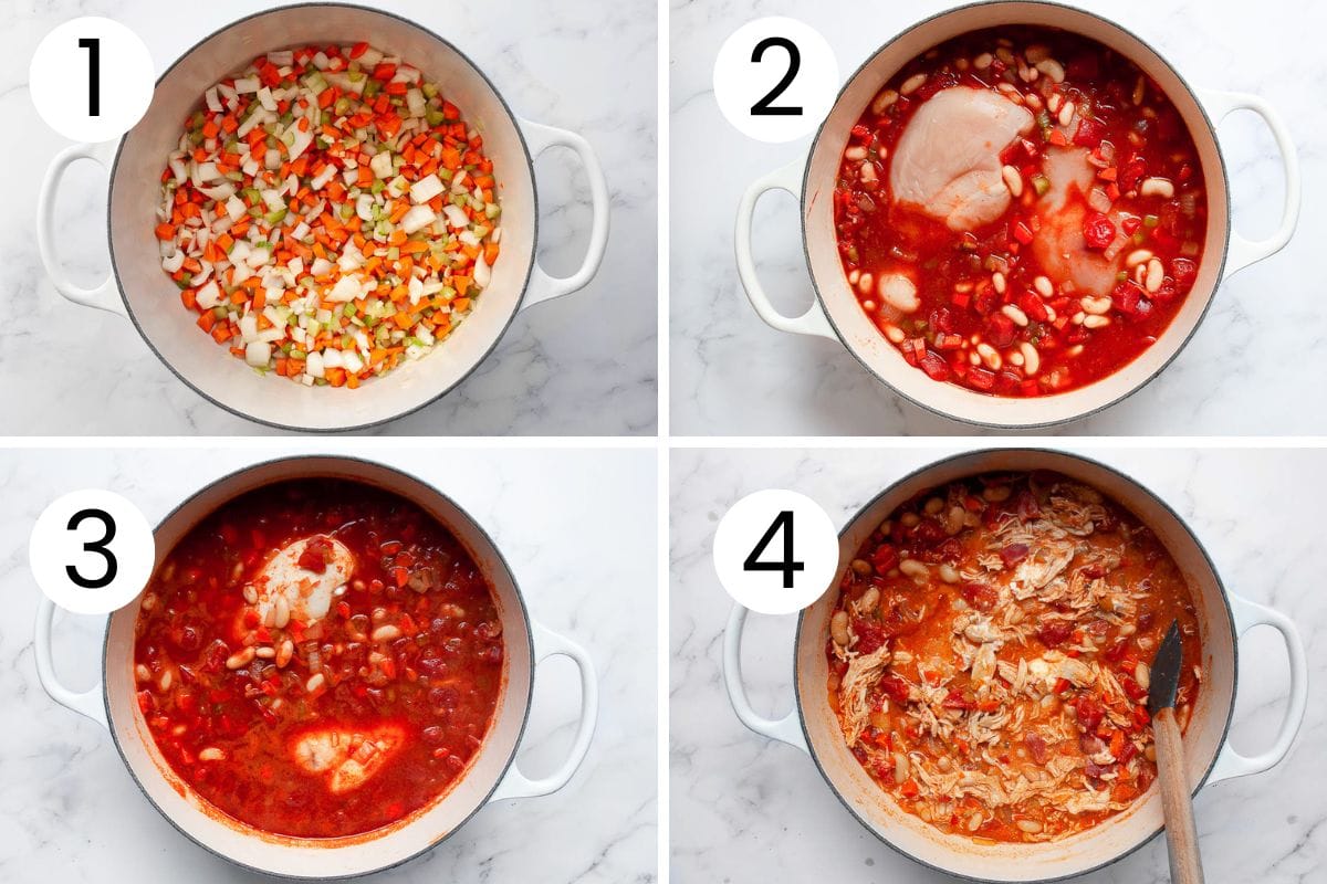 Collage showing from top how to make buffalo chicken chili on the stove step by step.