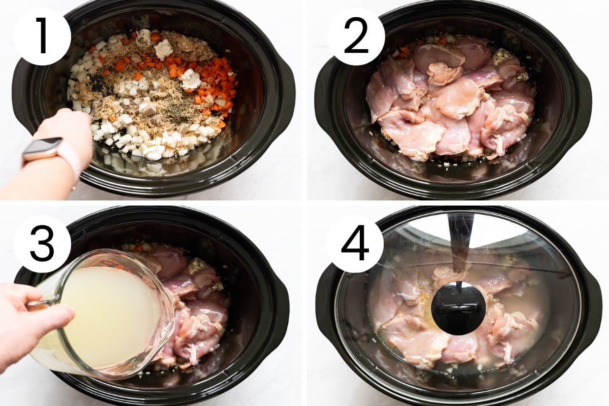 Person showing how to add rice, veggies, chicken and broth to a large slow cooker.