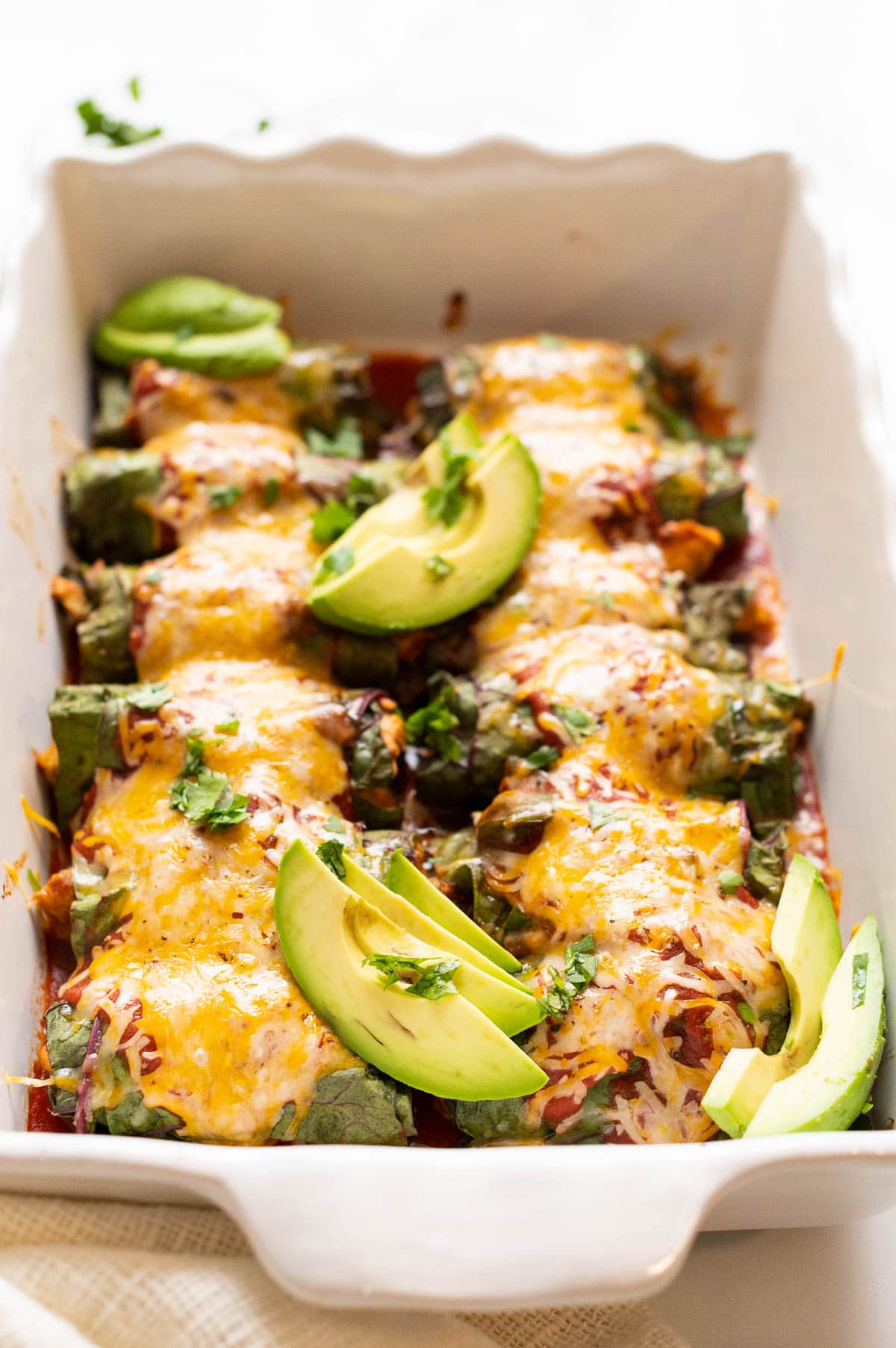 Low carb chicken enchiladas with slices of avocado and cilantro in a baking dish.