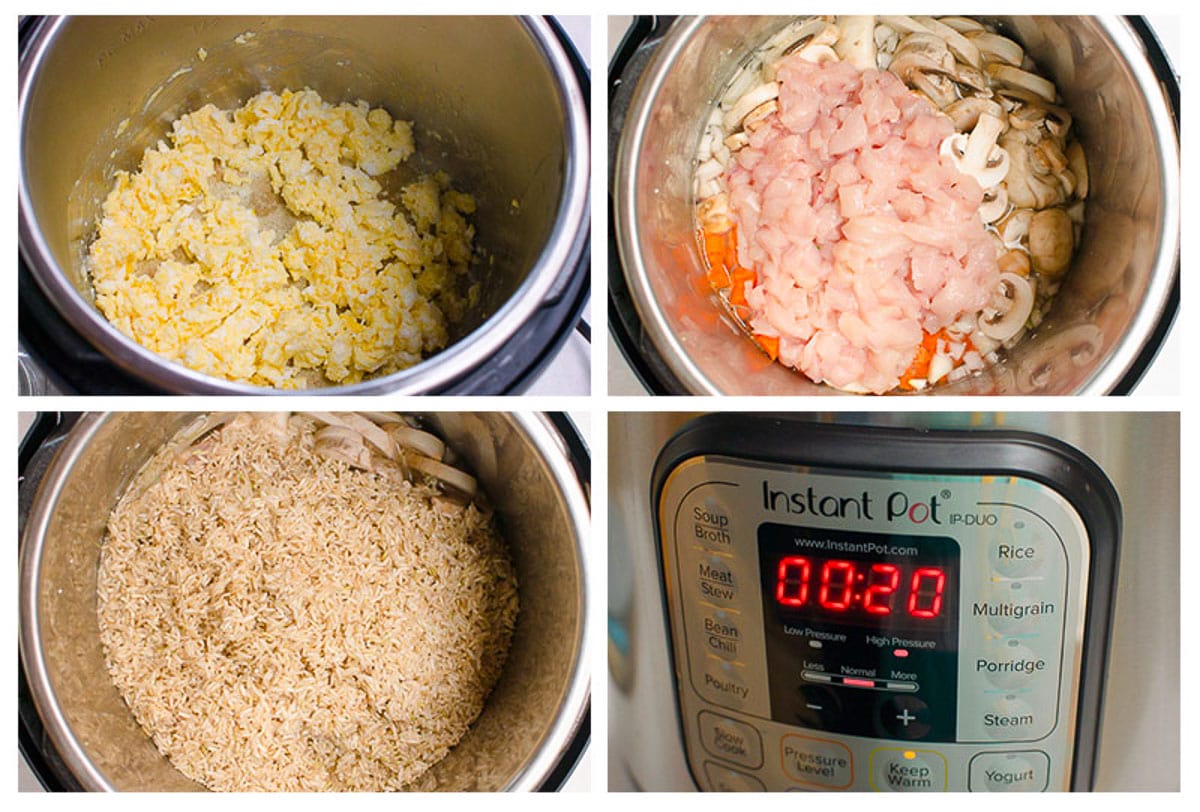 Step by step process how to saute the eggs and cook chicken fried rice in instant pot.