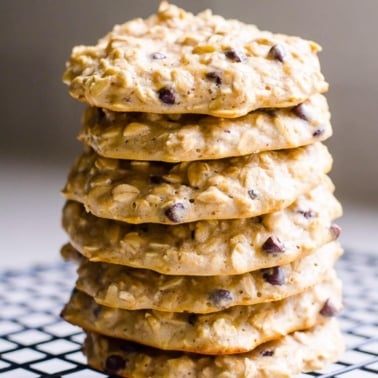 A stack of healthy high protein oatmeal cookies with chocolate chips.