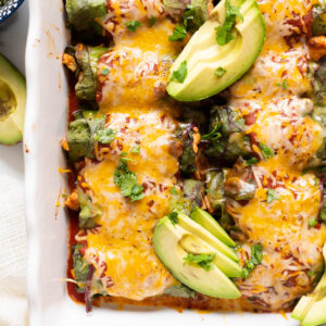 Low carb chicken enchiladas with slices of avocado and cilantro in a baking dish.