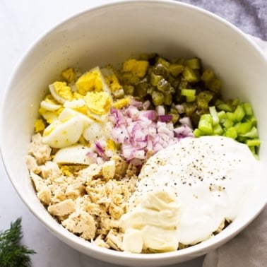 tuna egg salad in a bowl