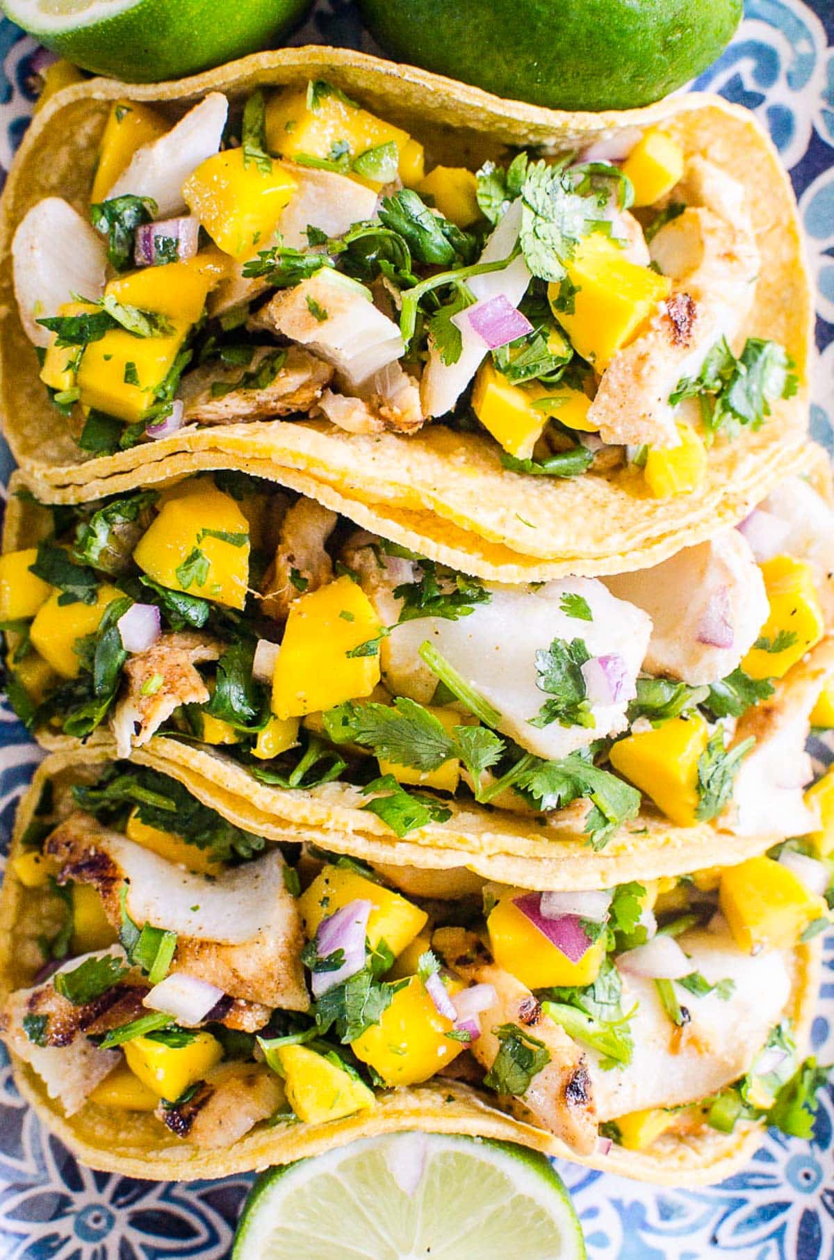 Grilled fish tacos with mango salsa and cilantro.