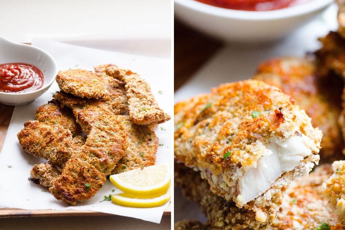 Almond crusted chicken tenders served with ketchup and lemon slices.