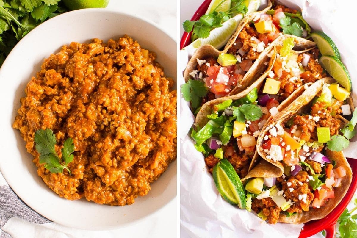 Ground turkey taco meat in a bowl and ground turkey tacos.
