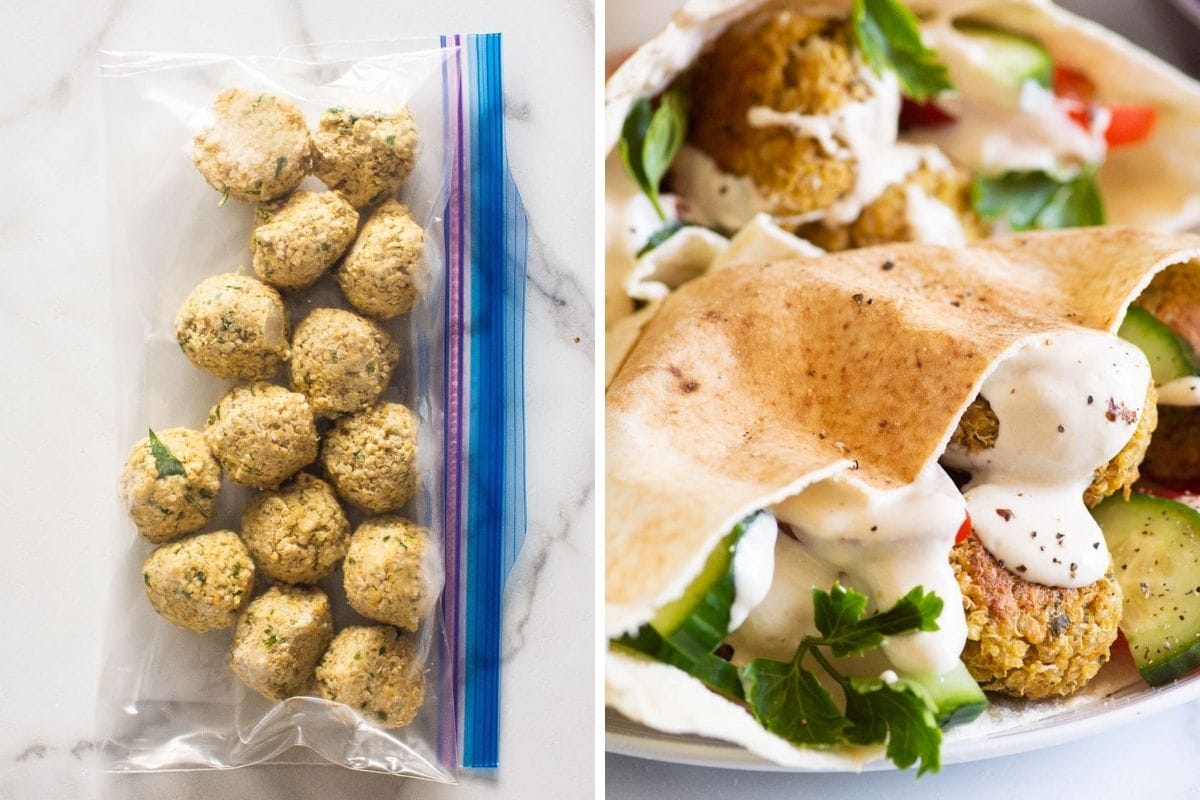 Frozen quinoa falafel in a storage bag and pitas stuffed with falafel.