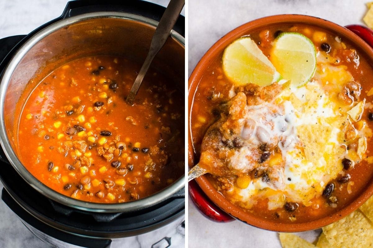 Instant pot taco soup in a pressure cooker and in a bowl.