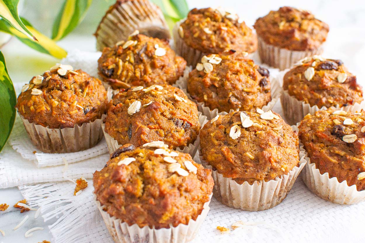 Healthy morning glory muffins studded with oats.