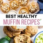Best healthy muffin recipes. Muffins with oats on them and one muffin unwrapped.