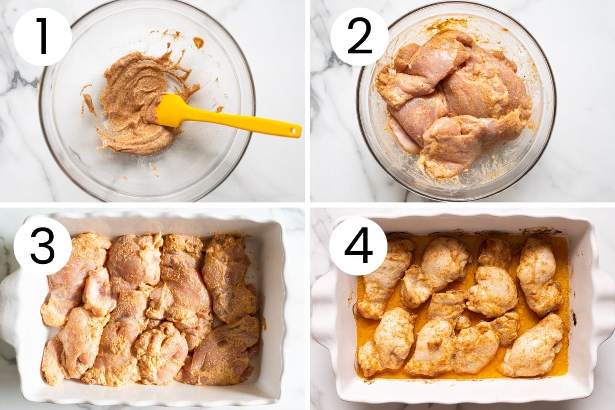 Step by step process how to marinate and bake boneless chicken thighs in the oven.
