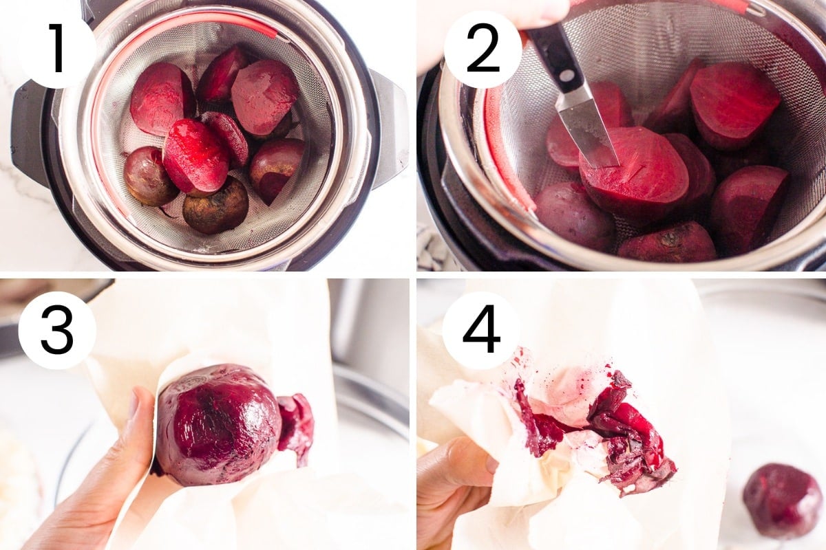 Step by step process how to cook beets in instant pot and then peel them.