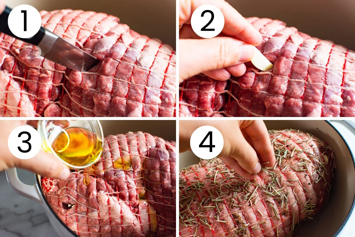 Person showing how to stuff boneless leg of lamb roast with garlic and season with olive oil and rosemary.