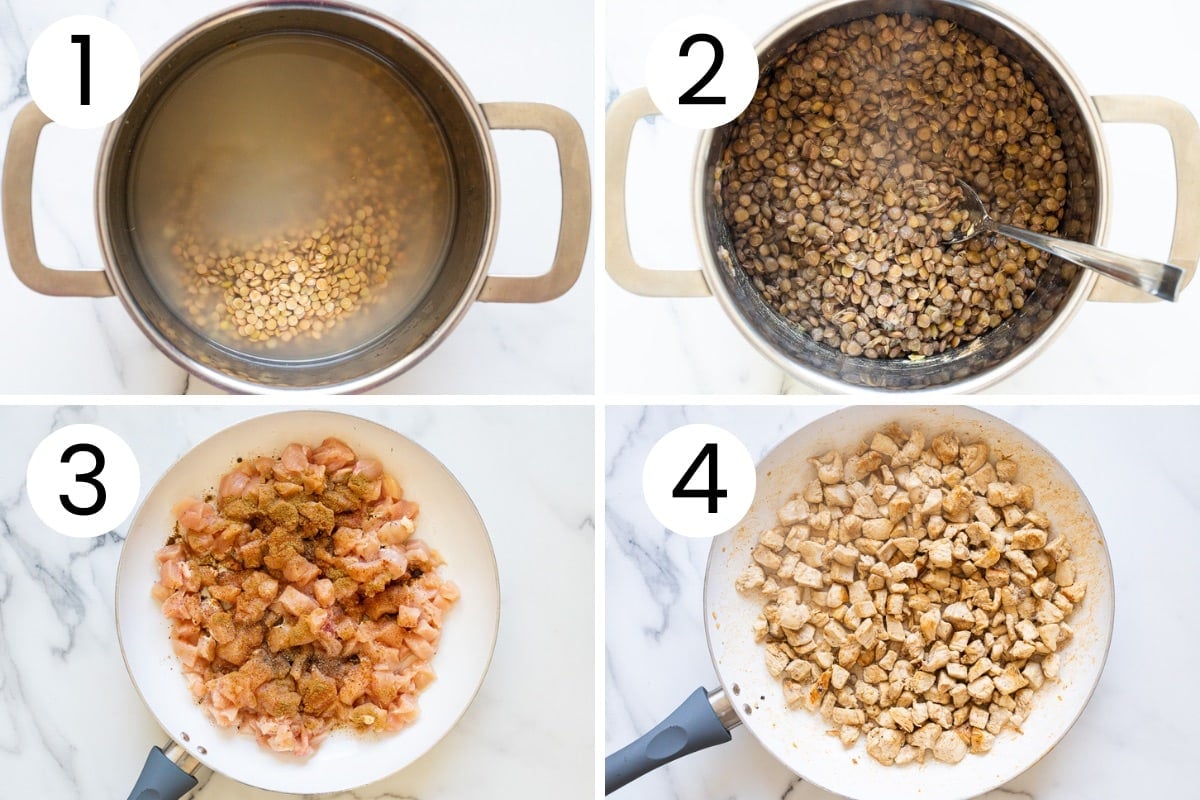 Step by step process how to cook lentils and chicken for the casserole.