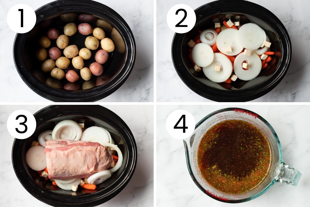 Step-by-step process adding baby potatoes, carrots, onion, butter, roast and sauce to slow cooker.
