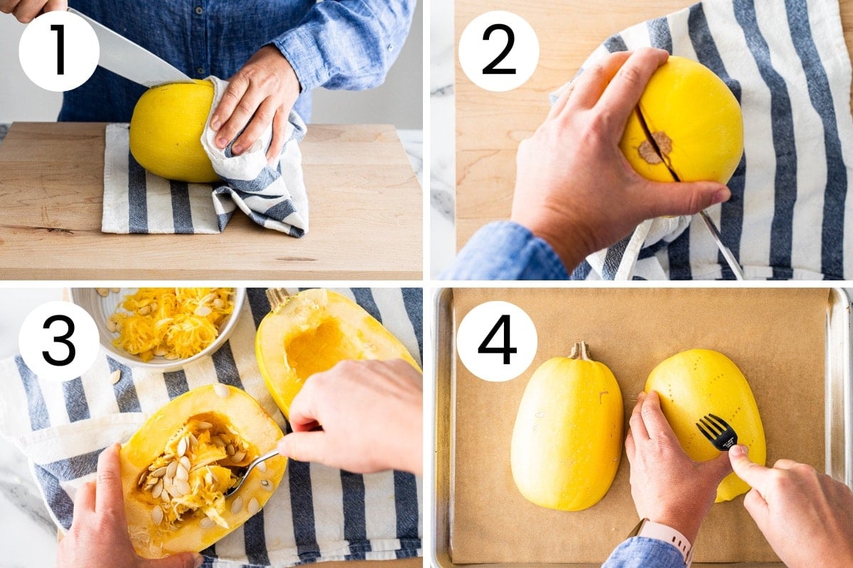 Person showing step by step how to cut spaghetti squash, scoop out the seeds and poke it with a fork before baking.