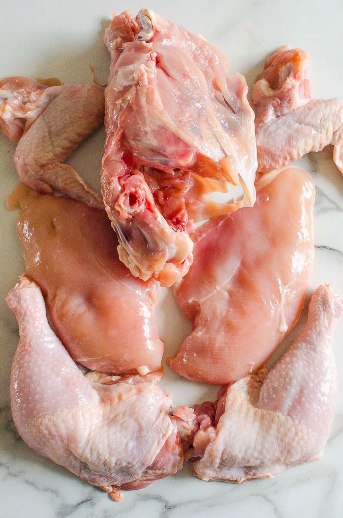 Chicken legs, chicken breasts, chicken wings and chicken carcass on a kitchen counter.