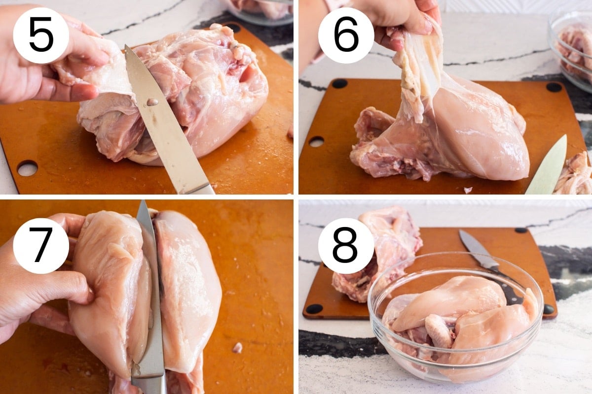 Step by step process how to finish cutting up a whole chicken.