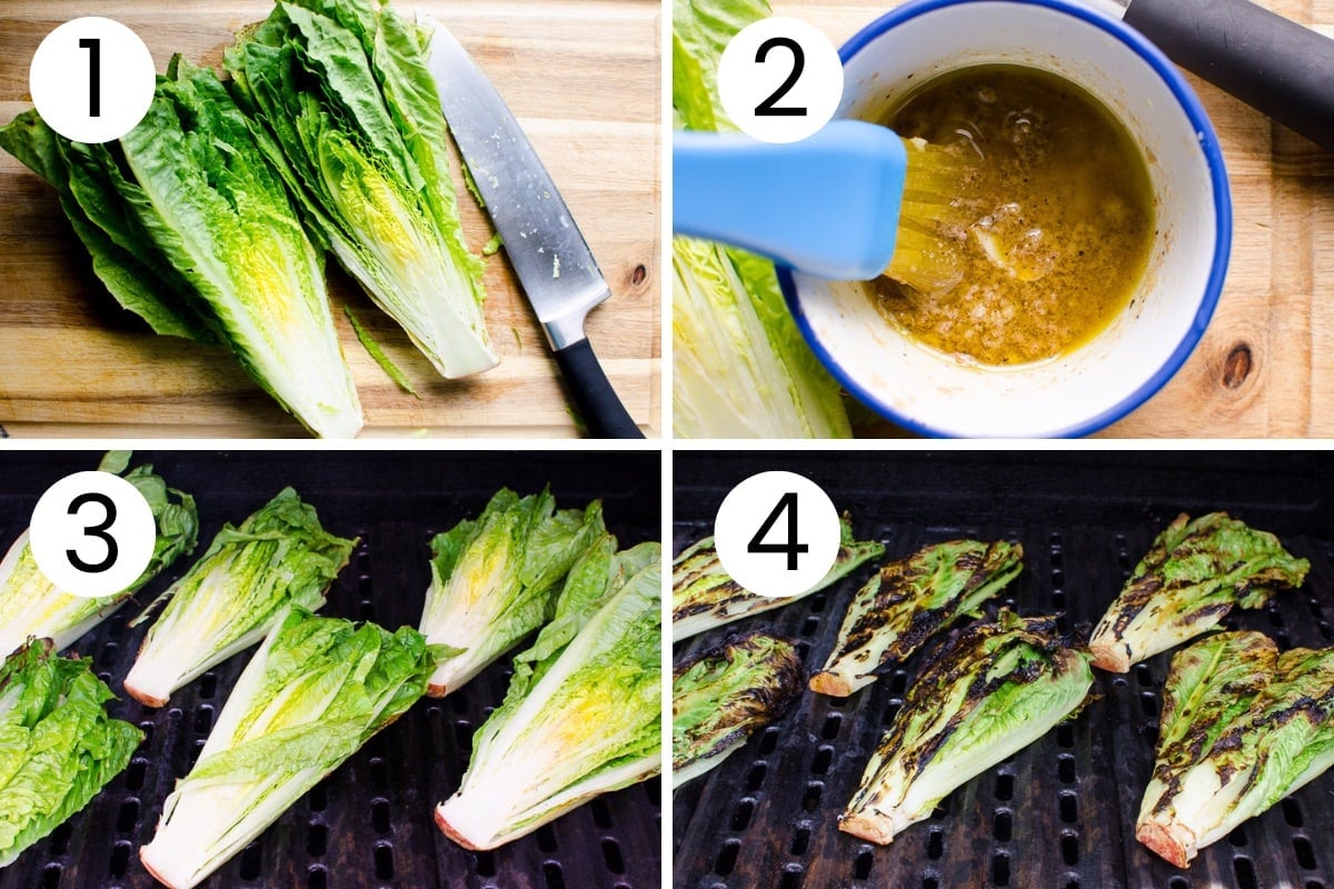 Step by step process how to cut romaine lettuce hearts in half, make the sauce and grill them.