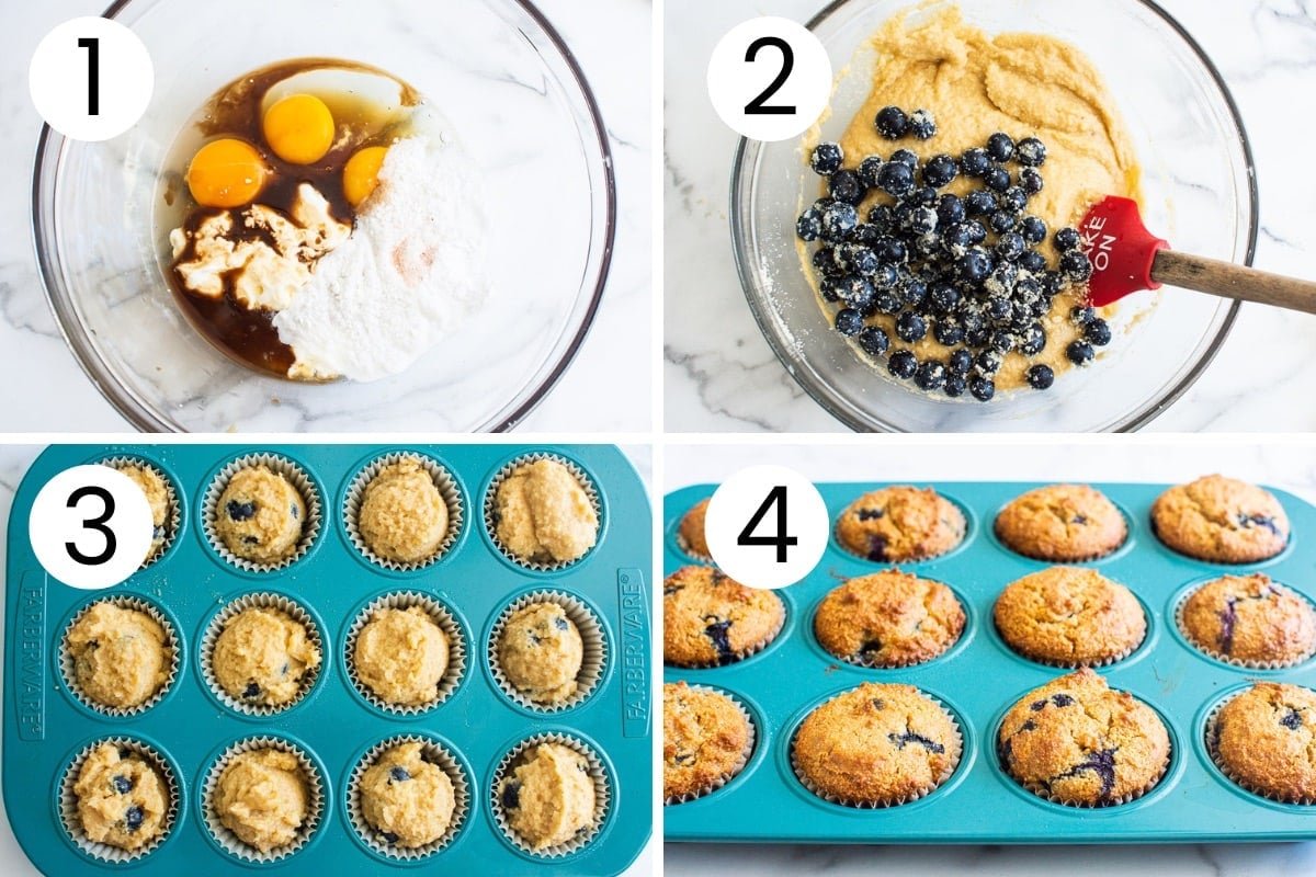  process how to make almond flour blueberry muffins.