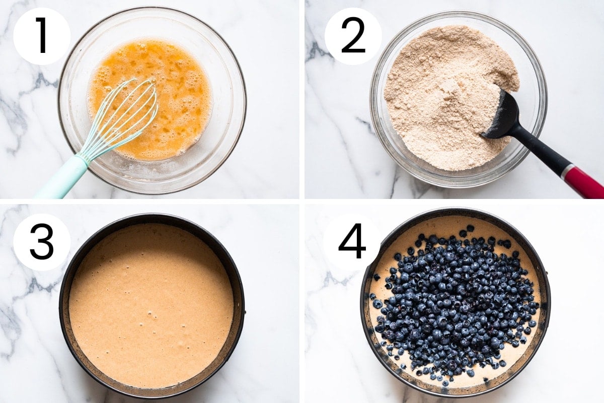 Step by step process how to mix wet and dry ingredients for blueberry coffee cake.