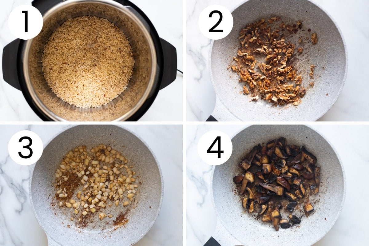 Step by step process how to cook brown rice and saute walnuts, onions and mushrooms.
