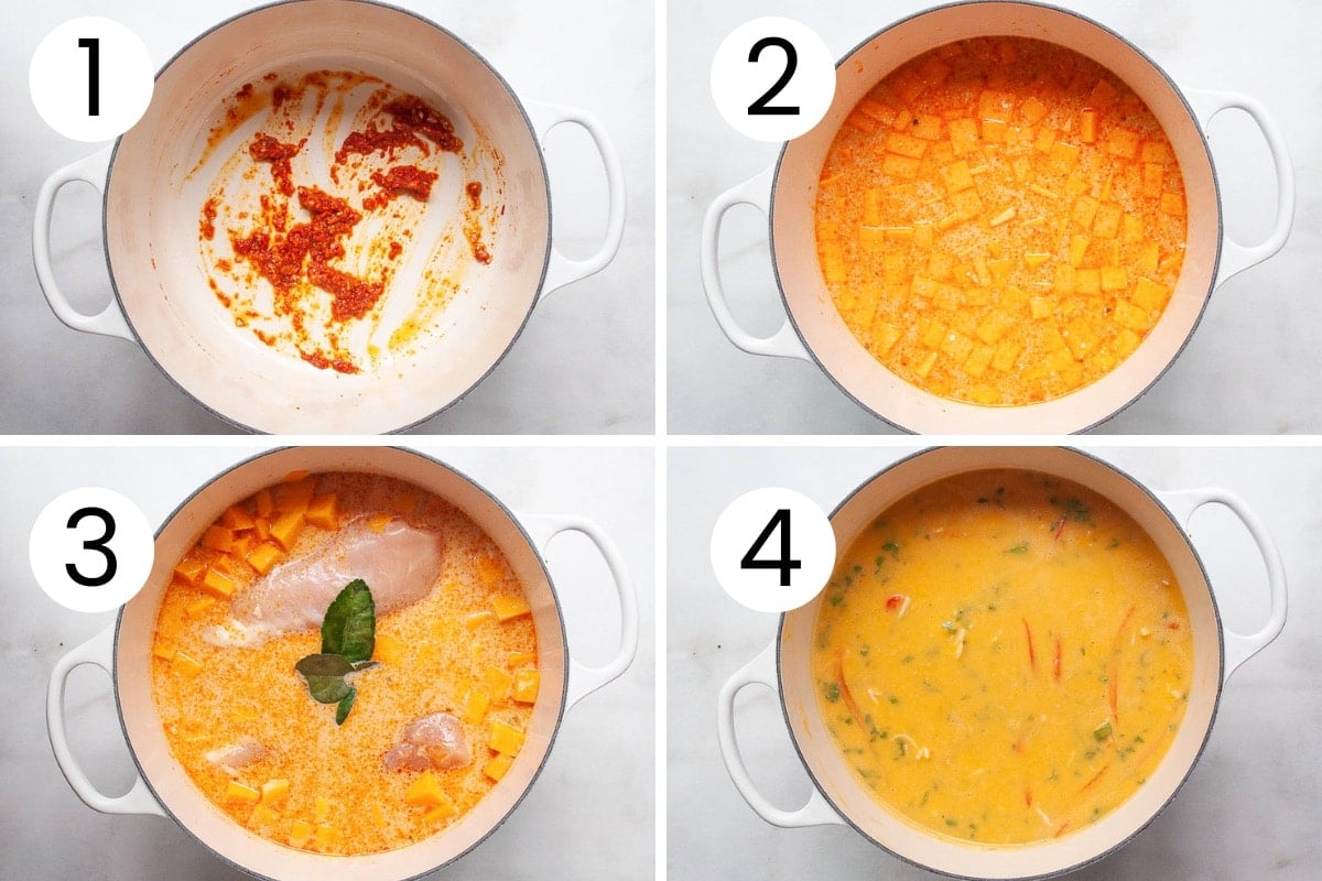 Step by step process showing how to make butternut squash with chicken on the stove.