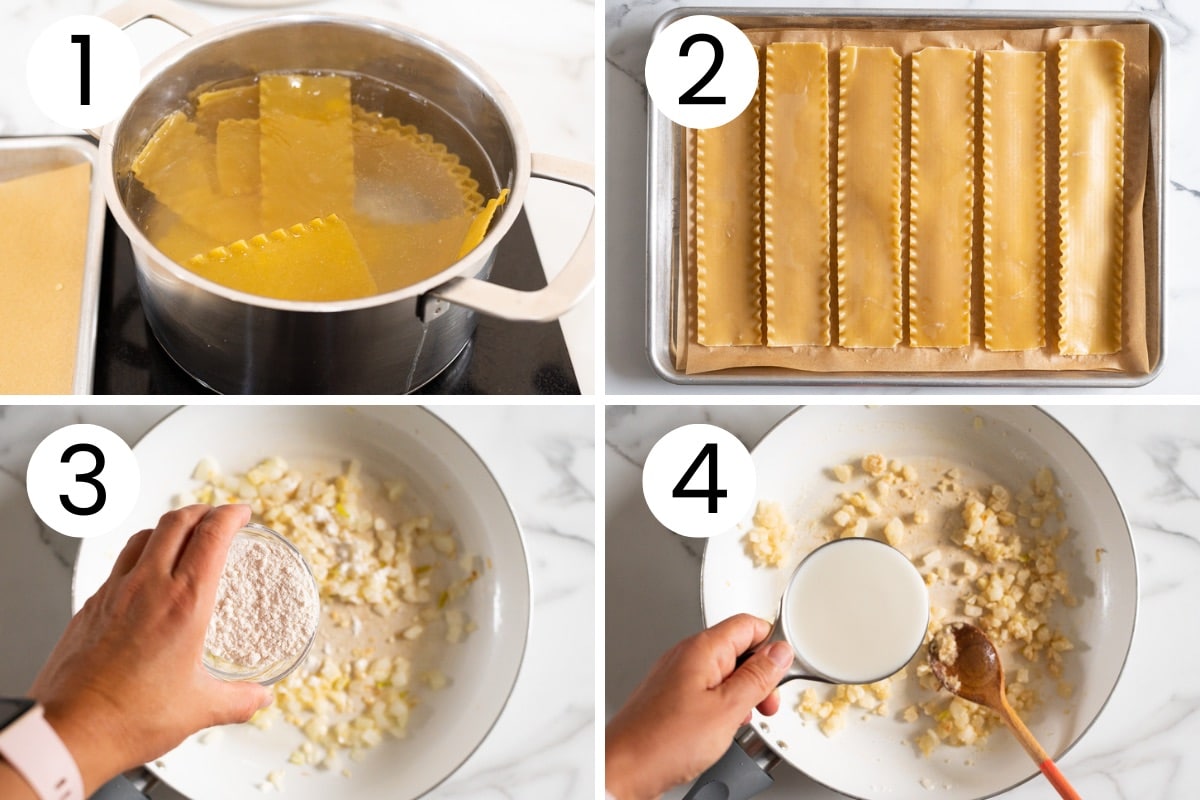 Step by step process how to boil lasagna noodles and start making the sauce.