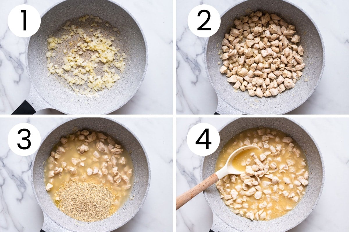 Step by step process how to saute an onion, cook chicken and quinoa with broth in one skillet.