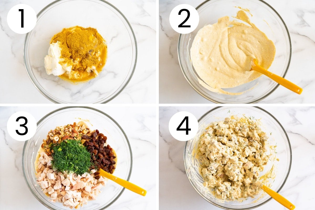 Step by step process how to make curried chicken salad in a bowl.