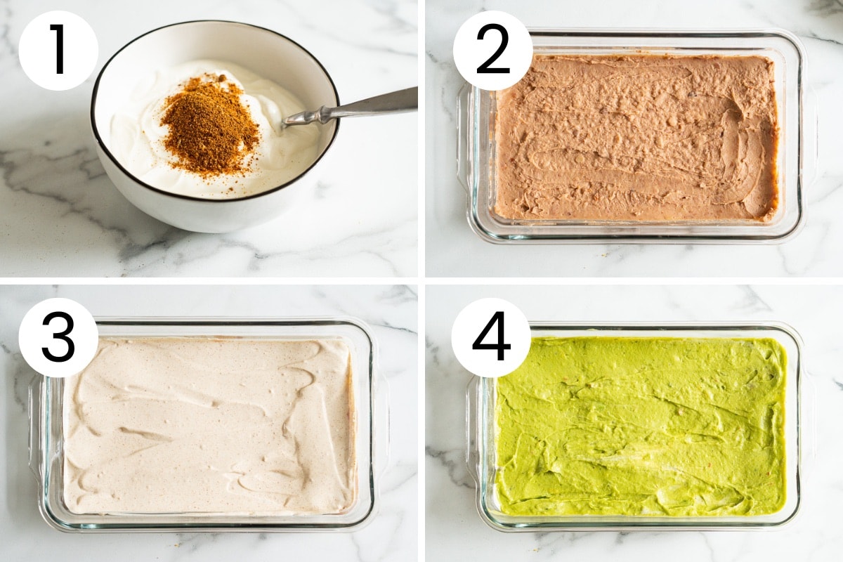Step by step process how to layer seven layer dip with refried beans, yogurt and guacamole.