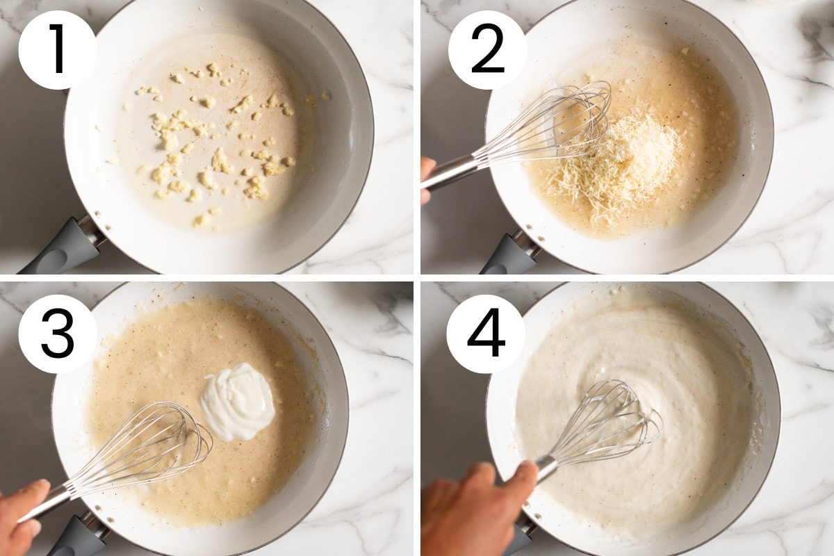 Person showing step by step process how to saute garlic and make healthy alfredo sauce in a skillet.