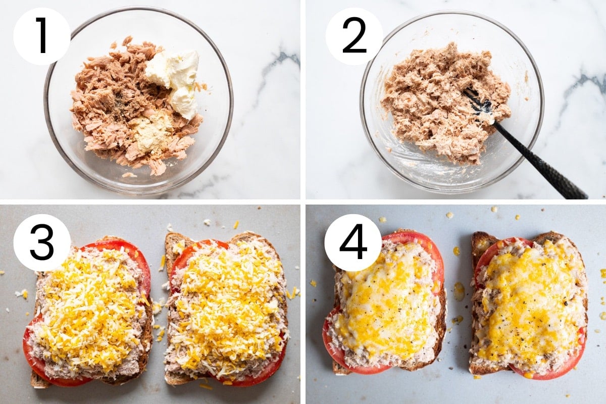 How to make tuna mixture in a bowl and tuna mixture on top of tuna melt.