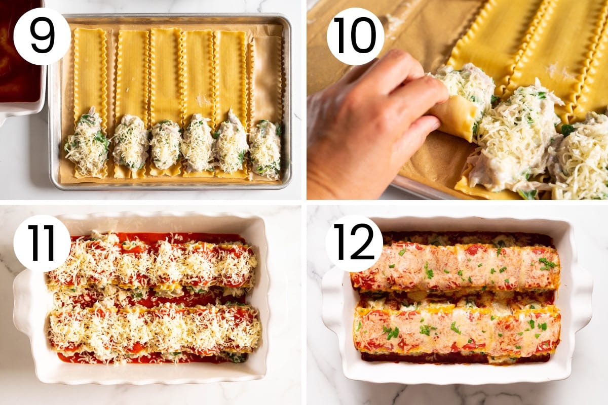 How to assemble and bake chicken lasagna rolls.