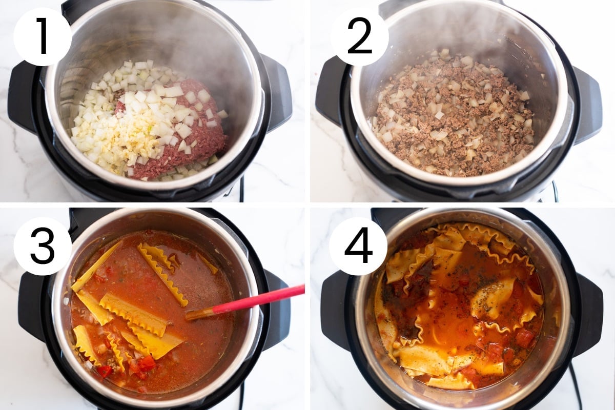 Step-by-step process how to make lasagna soup in instant pot.