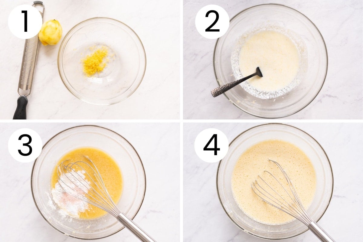 Step by step process how to zest lemon and sour the milk for lemon blueberry muffins batter.