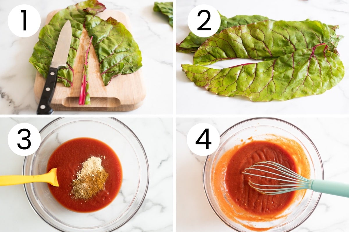 Step by step process how to cut Swiss chard into tortillas and make enchilada sauce in a bowl.