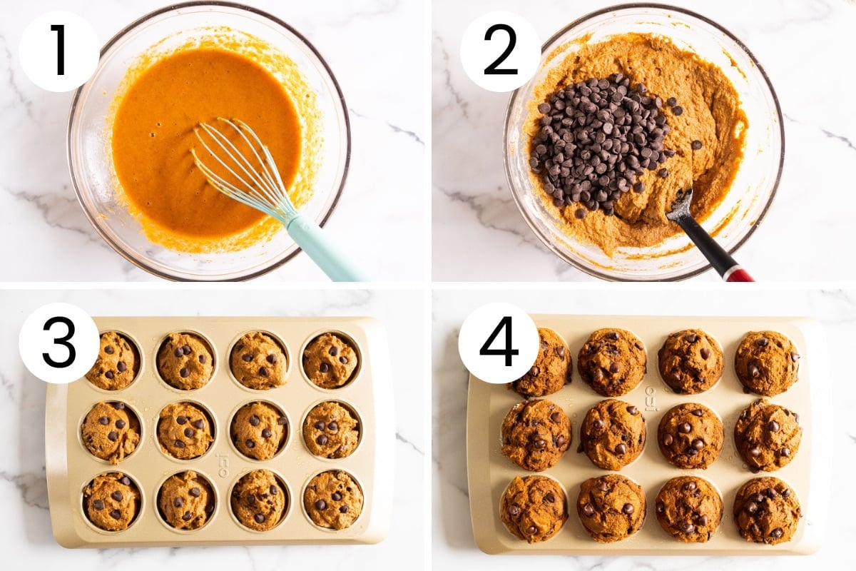 Step  process how to make pumpkin chocolate chip muffins from scratch.