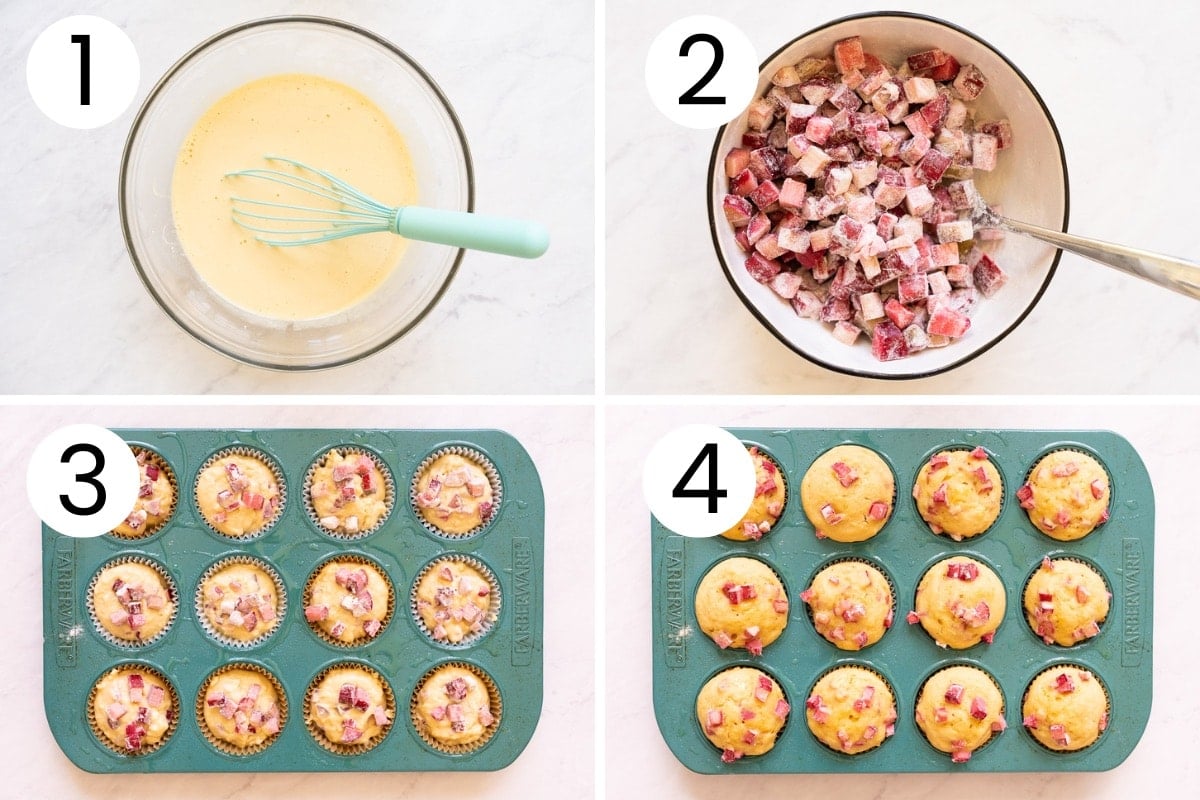 Step by step process how to make rhubarb muffins.