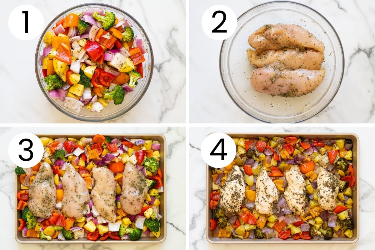 Step by step process how to season vegetables and chicken and then roast on a sheet pan.