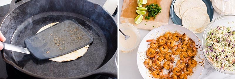 Tortilla in a skillet. Sauteed shrimp, coleslaw, sauce, tortillas, lime and cilantro on a counter.