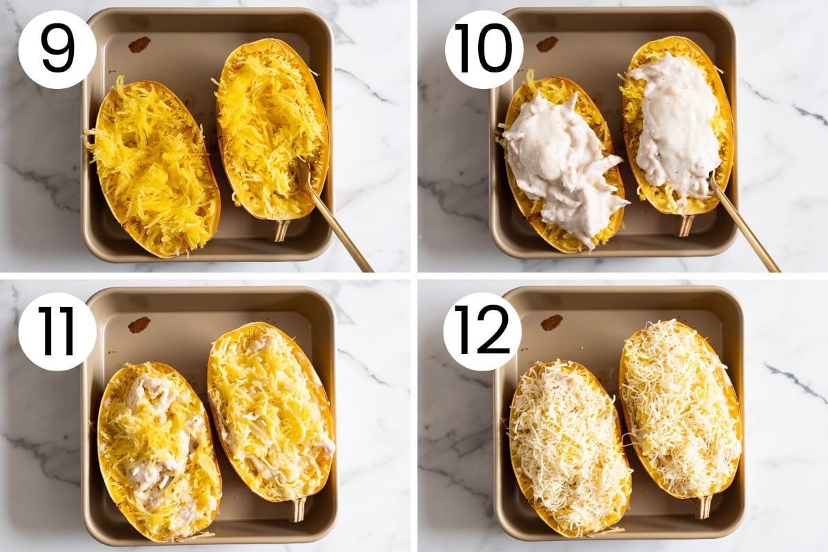 Step by step process how to stuff and bake spaghetti squash halves with chicken alfredo sauce.
