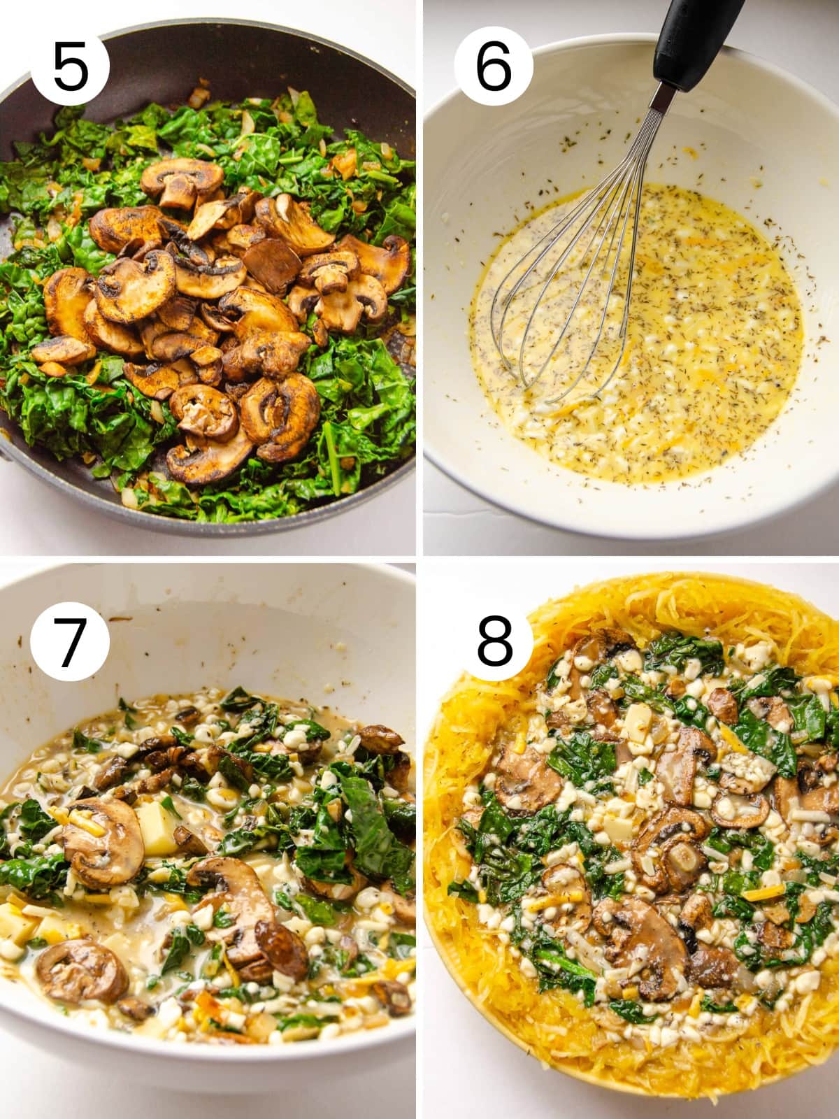 How to saute kale and mushrooms, prepare egg mixture and assemble the quiche.